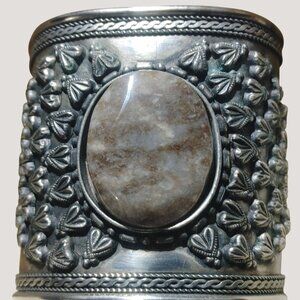 Handcrafted Silver Cuff Bracelet Intricate Floral Design Stone Natural Accent